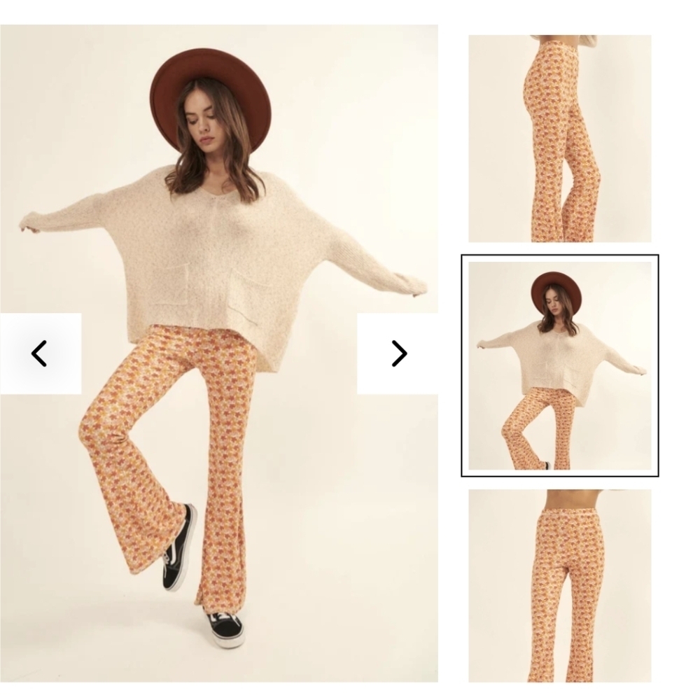 Arula Floral-print ribbed knit pants, Boho Flare Fitted Cream Pants Sz 0x